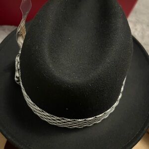 Mens Stylish Black Hat with Patterned Band with feather